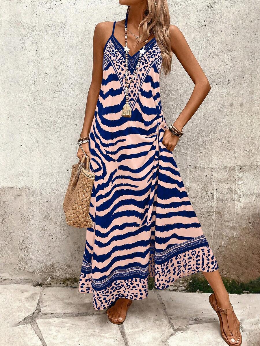 Vestido Longo Estampa de Onça com Alças Finas
