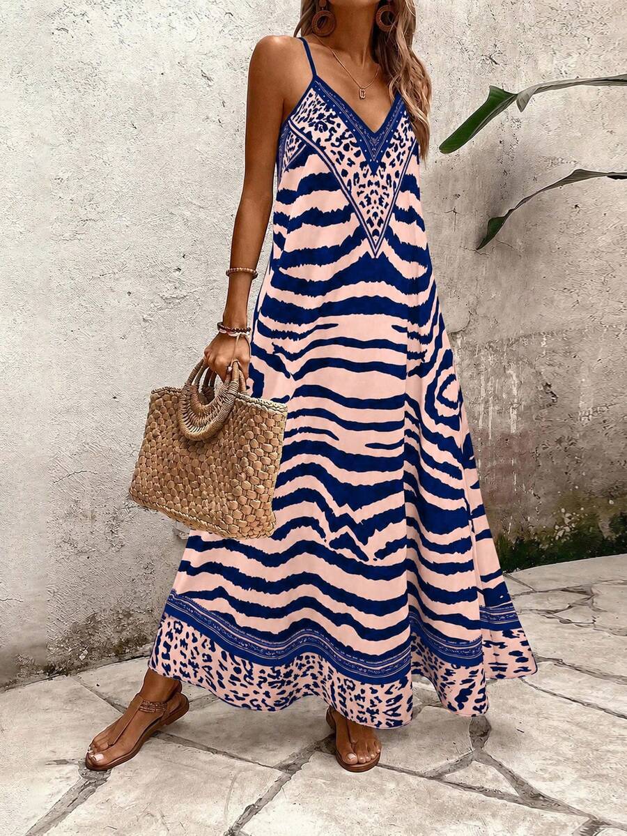 Vestido Longo Estampa de Onça com Alças Finas