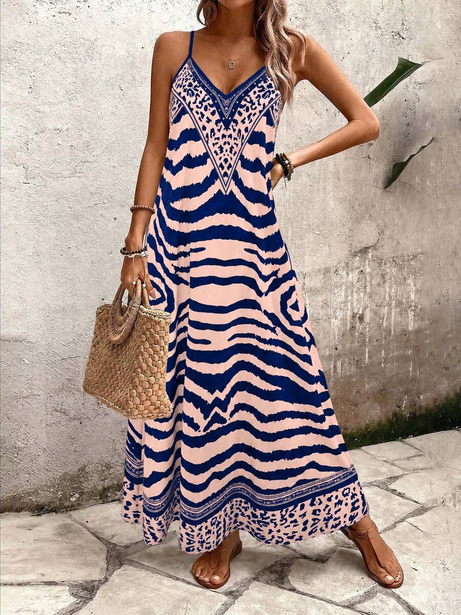 Vestido Longo Estampa de Onça com Alças Finas