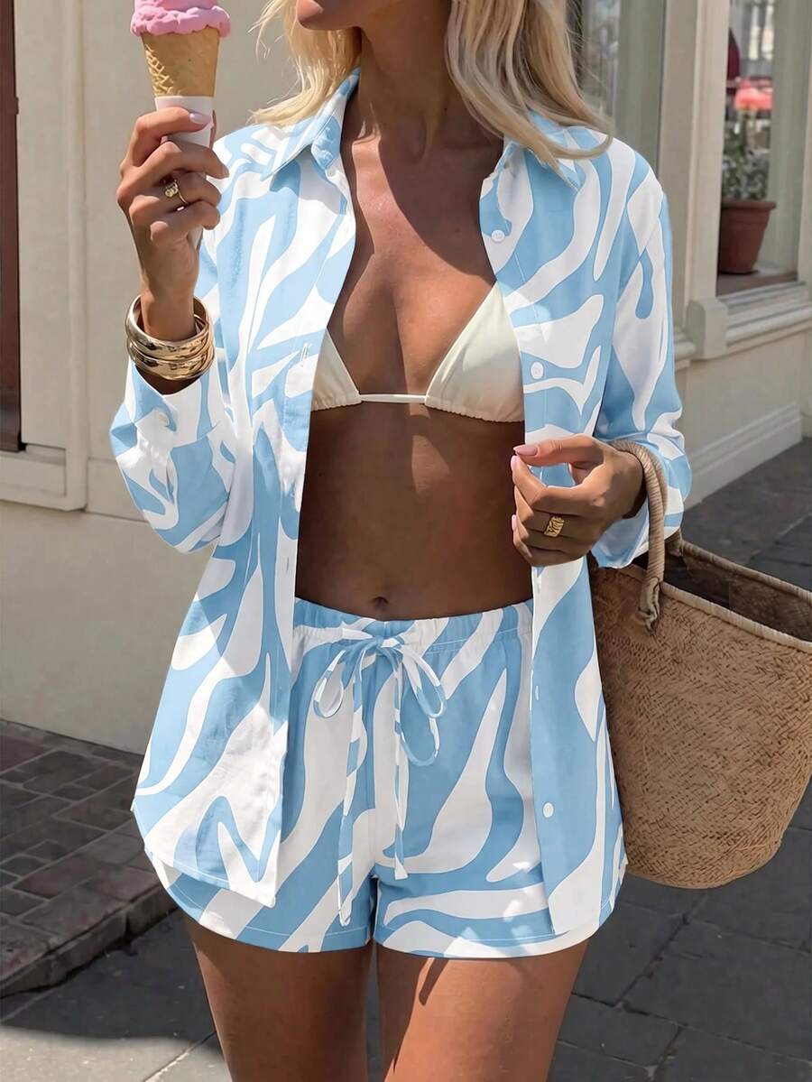 Conjunto de Praia 3 Peças com Camisa Listrada e Shorts