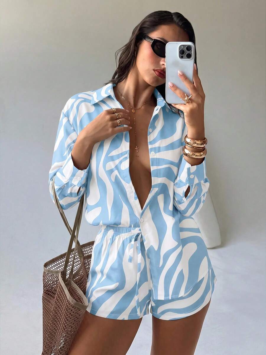 Conjunto de Praia 3 Peças com Camisa Listrada e Shorts