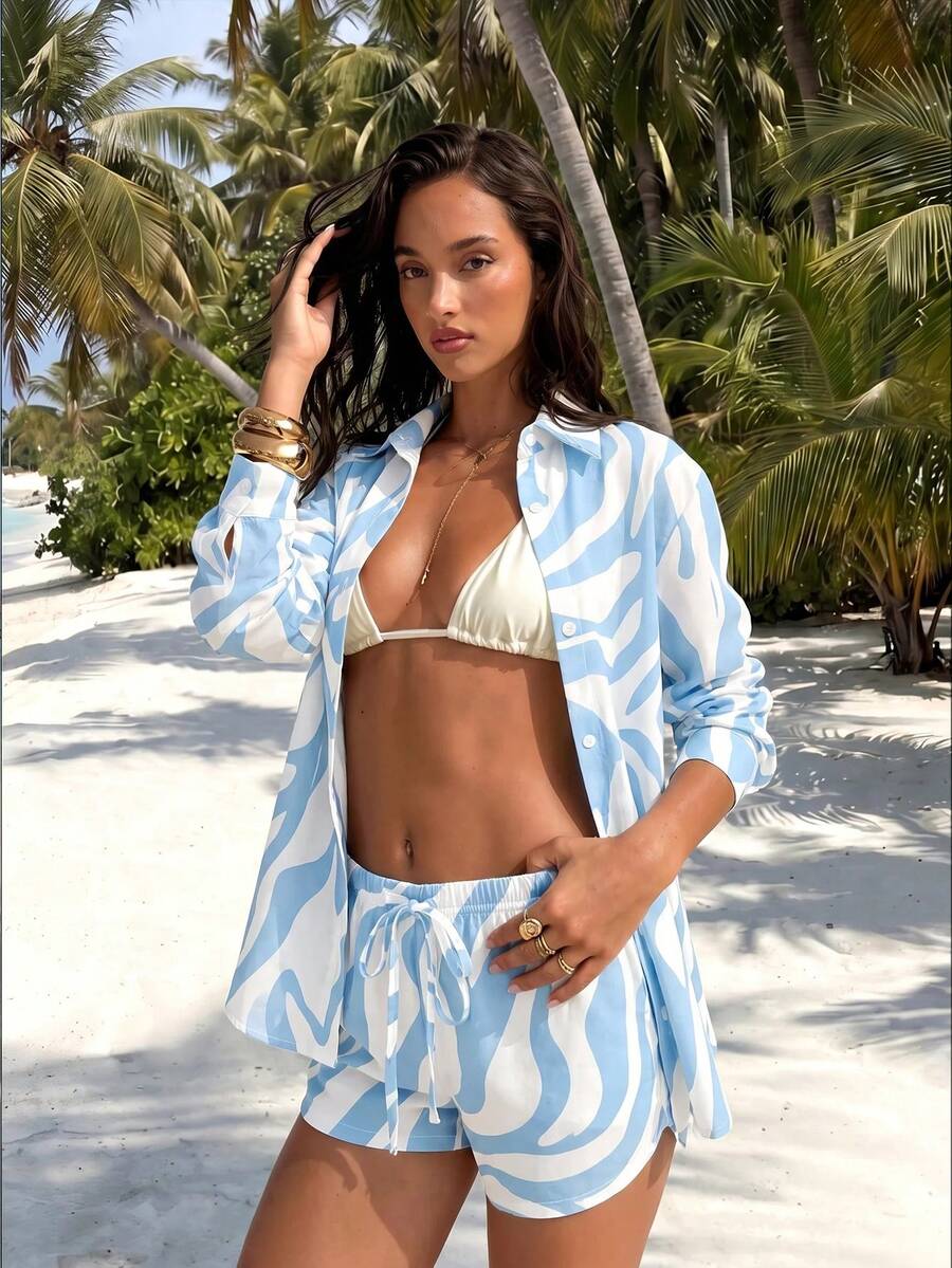Conjunto de Praia 3 Peças com Camisa Listrada e Shorts