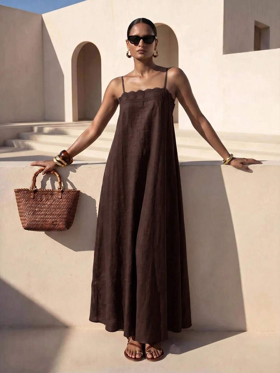 Vestido Longo Solto de Alças Finas com Babado - La Lecce