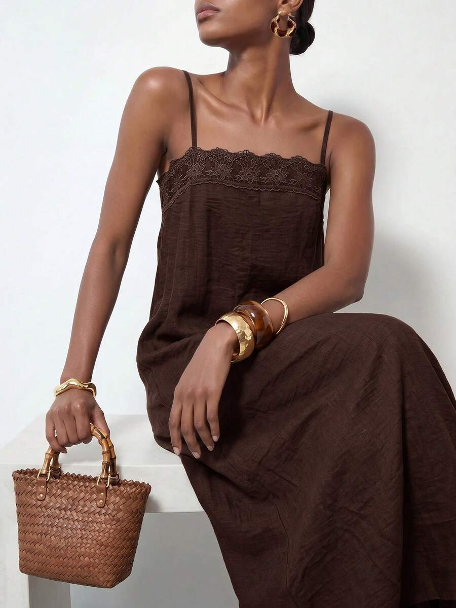 Vestido Longo Solto de Alças Finas com Babado - La Lecce