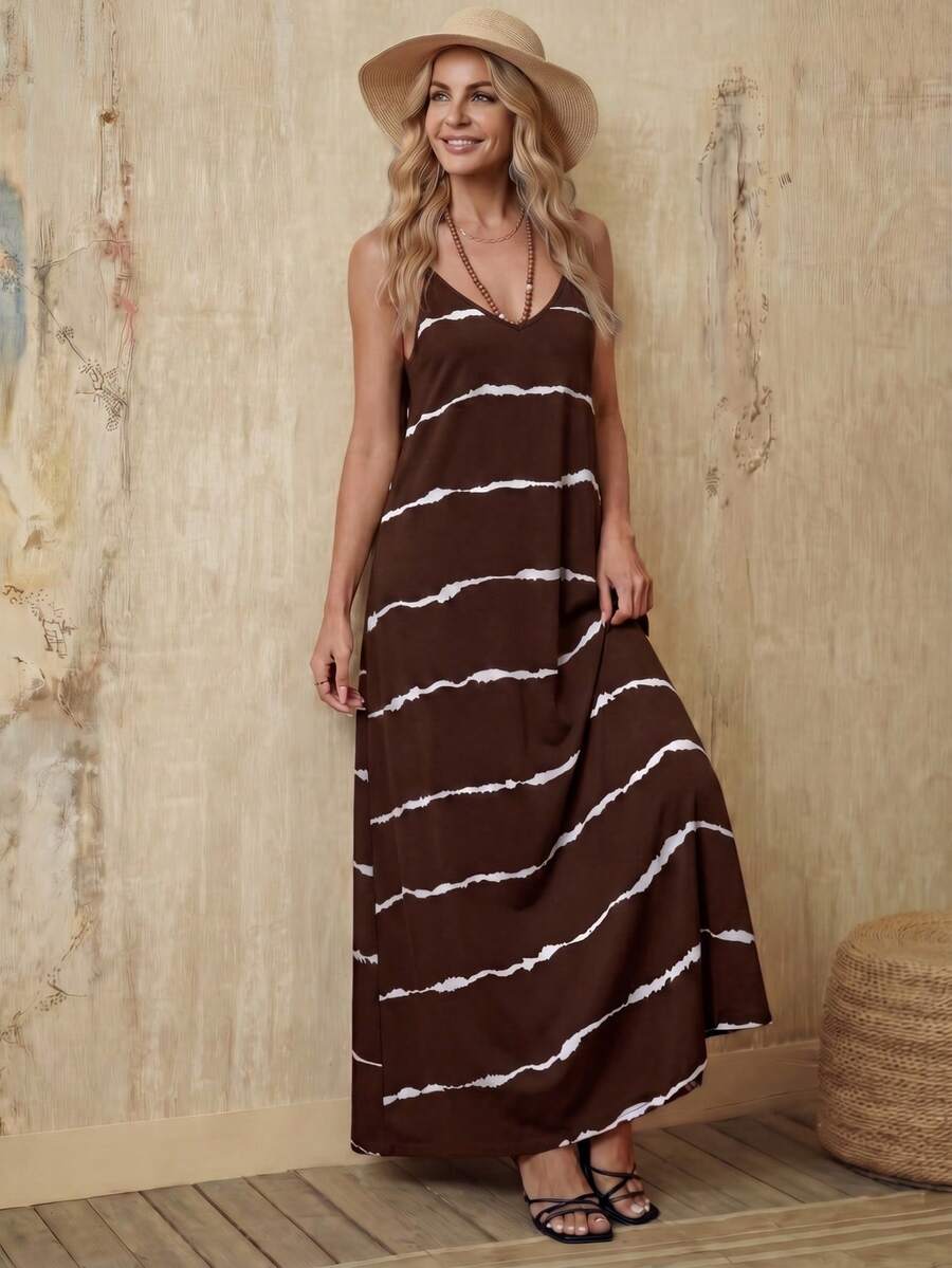 Vestido Longo de Malha com Estampa de Folhas de Coqueiro