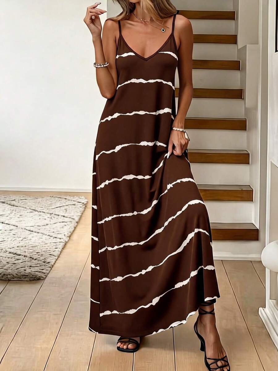 Vestido Longo de Malha com Estampa de Folhas de Coqueiro