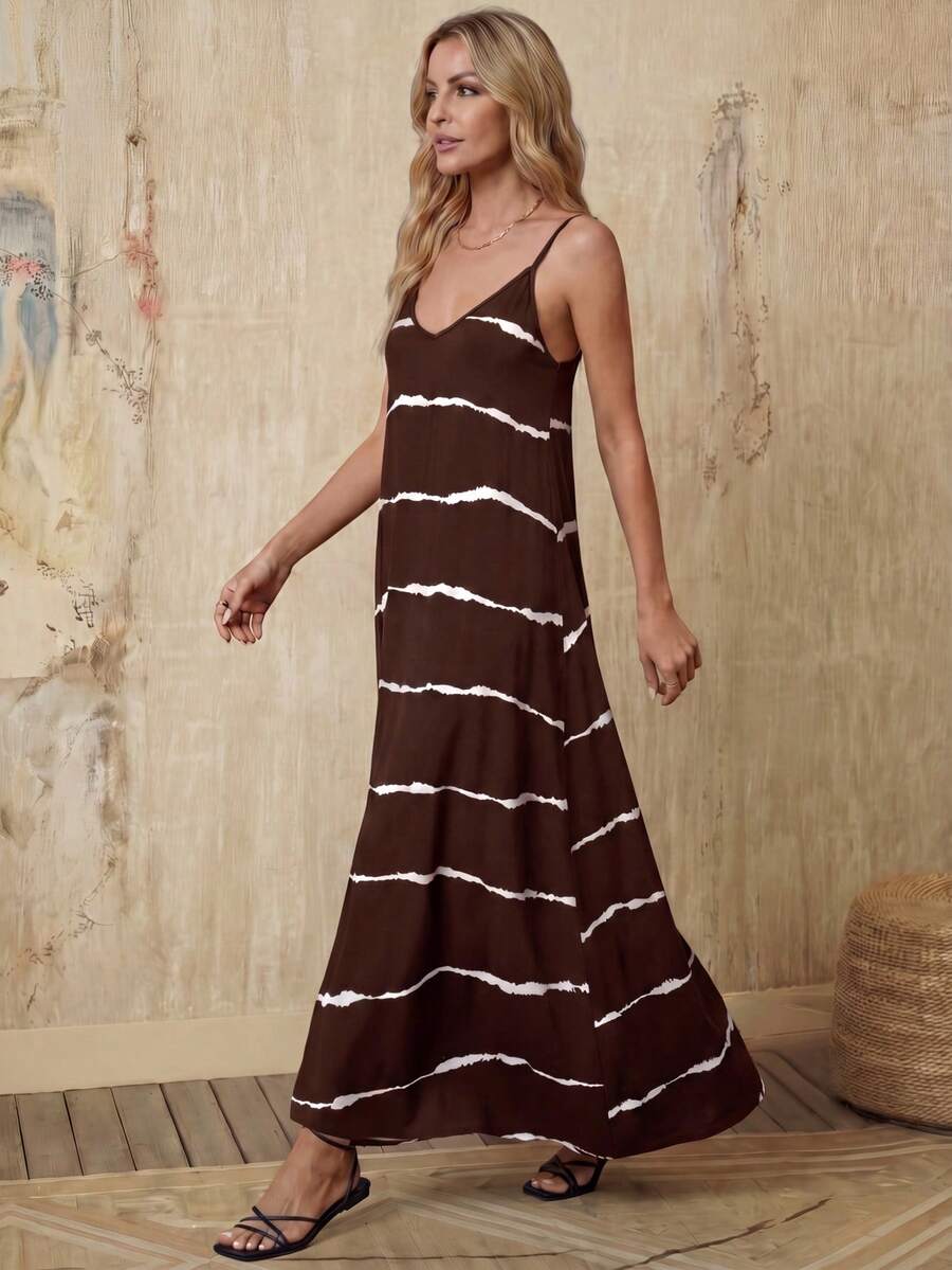 Vestido Longo de Malha com Estampa de Folhas de Coqueiro