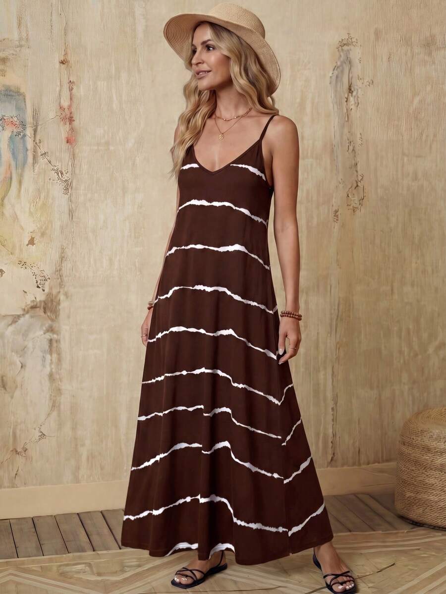 Vestido Longo de Malha com Estampa de Folhas de Coqueiro