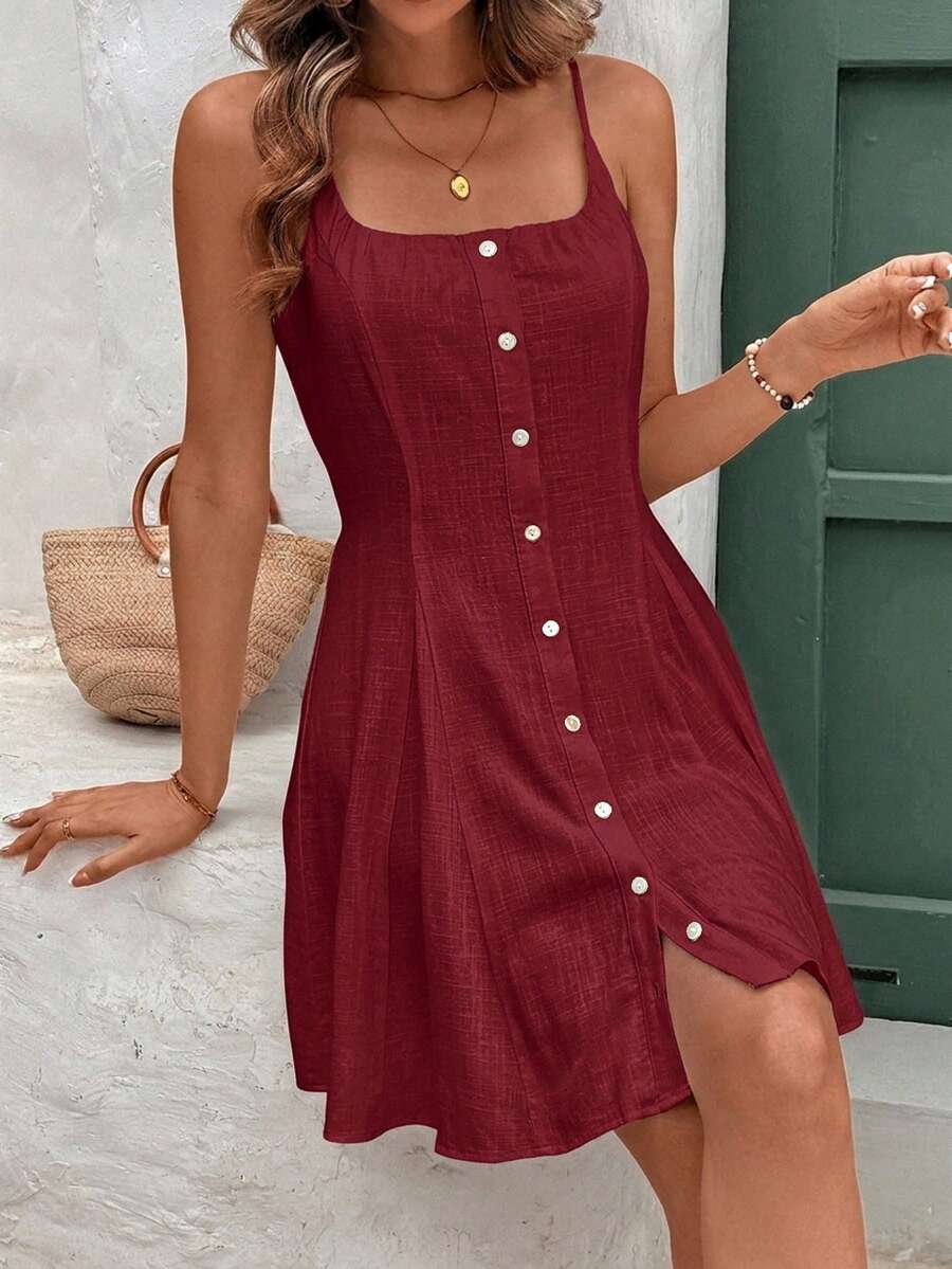 Vestido Curto de Linho com Alças e Botões Frontais - La Lecce