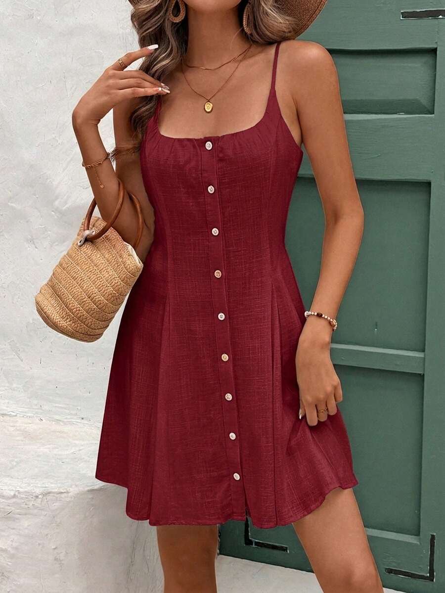 Vestido Curto de Linho com Alças e Botões Frontais - La Lecce