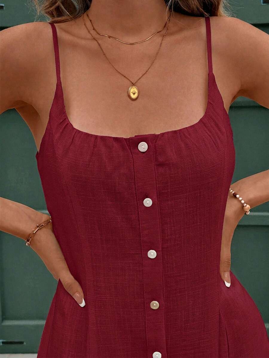 Vestido Curto de Linho com Alças e Botões Frontais - La Lecce