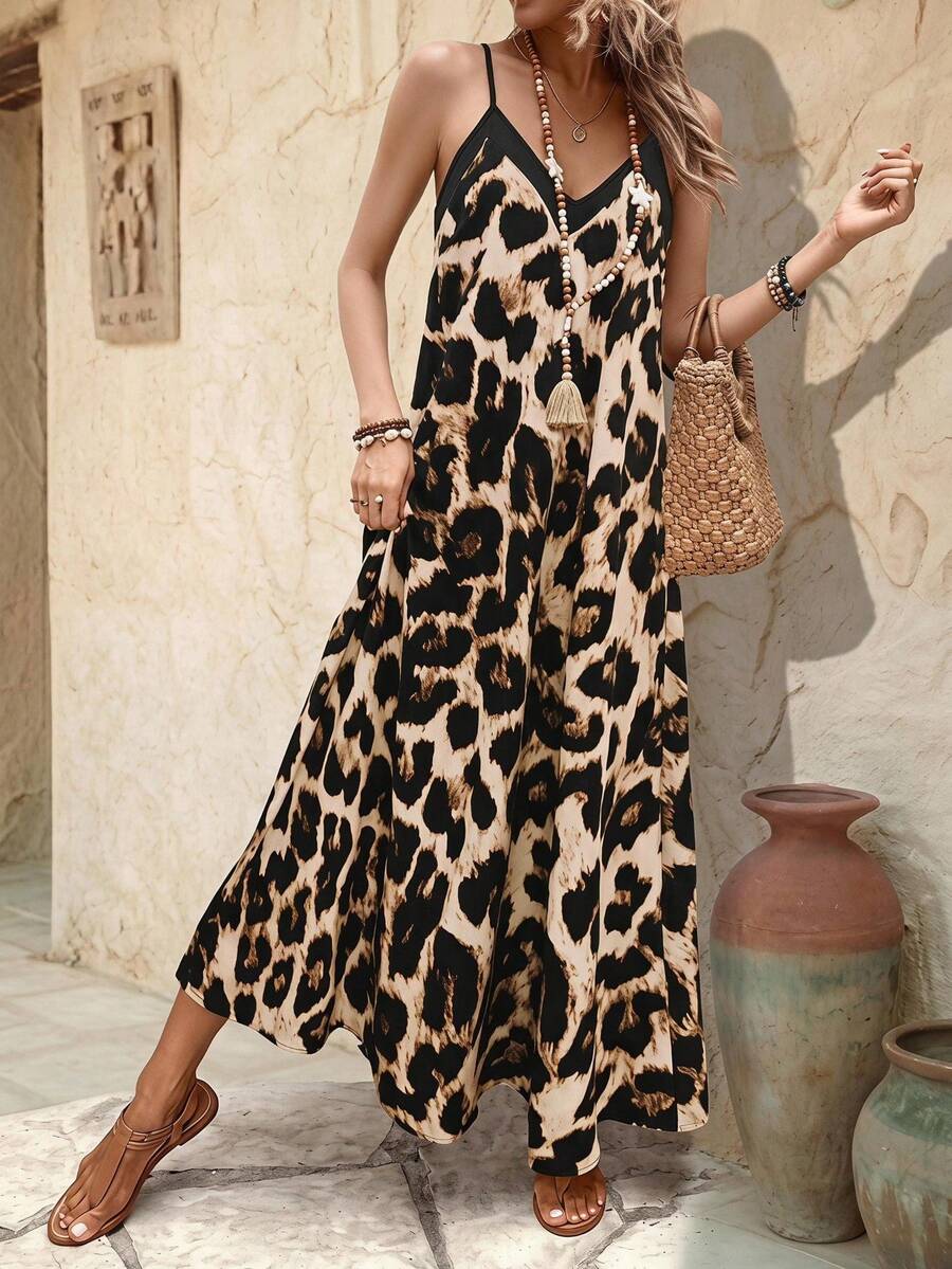 Vestido Longo Estampa de Leopardo com Costas Abertas - La Lecce