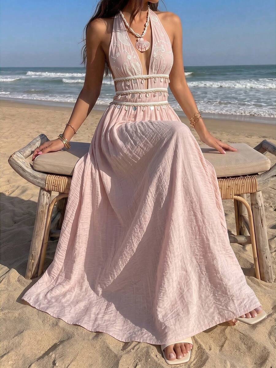 Vestido Saída de Praia Longo Frente Única com Nó e Bainha Plissada - La Lecce