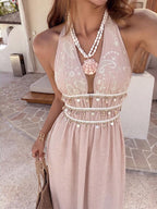 Vestido Saída de Praia Longo Frente Única com Nó e Bainha Plissada - La Lecce