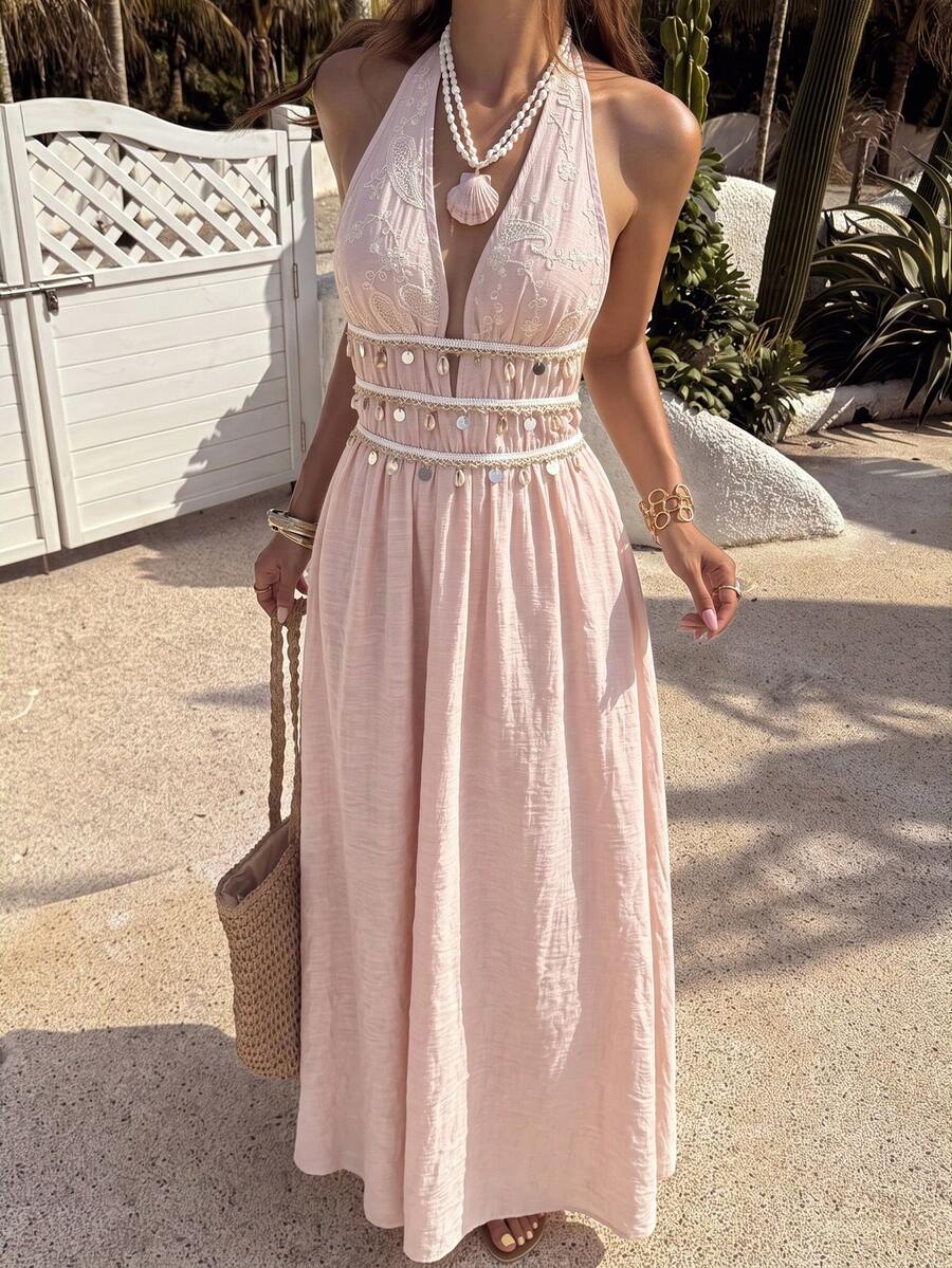 Vestido Saída de Praia Longo Frente Única com Nó e Bainha Plissada - La Lecce