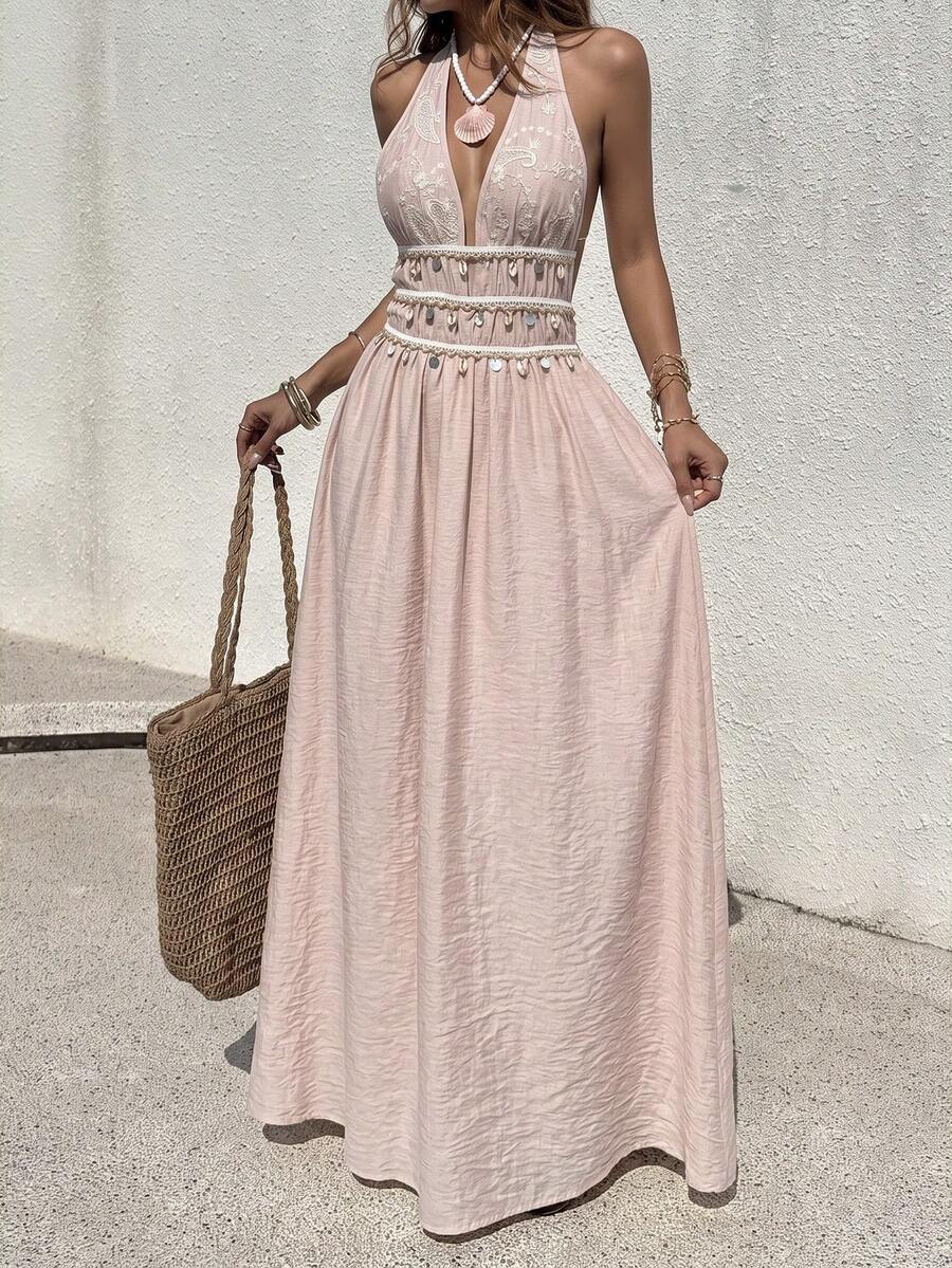 Vestido Saída de Praia Longo Frente Única com Nó e Bainha Plissada - La Lecce