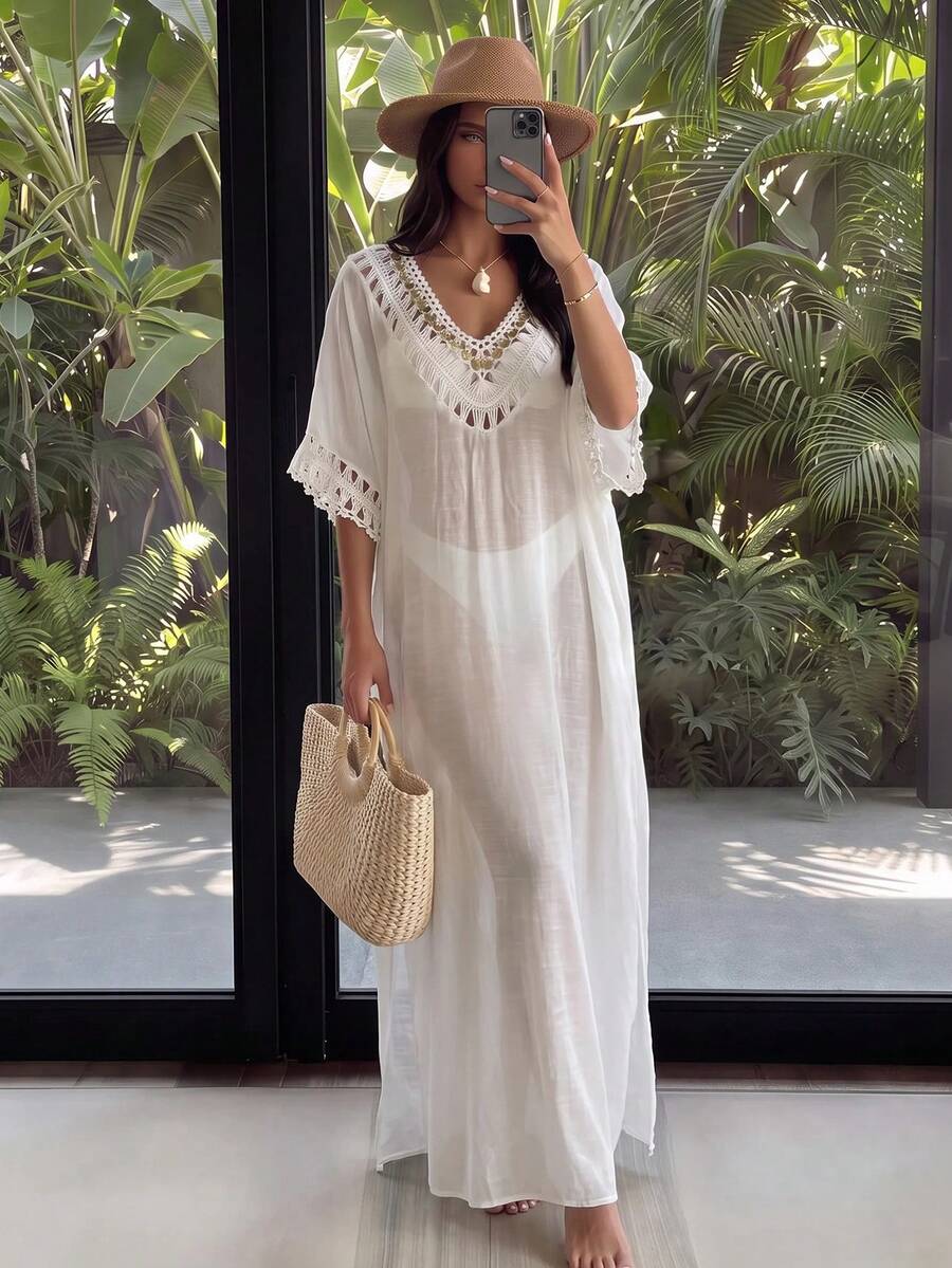 Vestido Saída de Praia Longo com Franjas e Babado na Barra - La Lecce