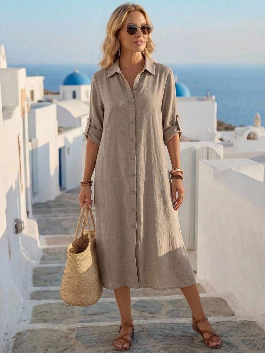 Vestido Saída de Praia Chemise Midi com Botões e Manga Dobrável - La Lecce