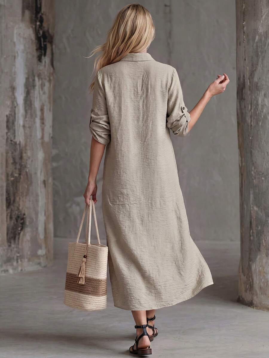 Vestido Saída de Praia Chemise Midi com Botões e Manga Dobrável - La Lecce