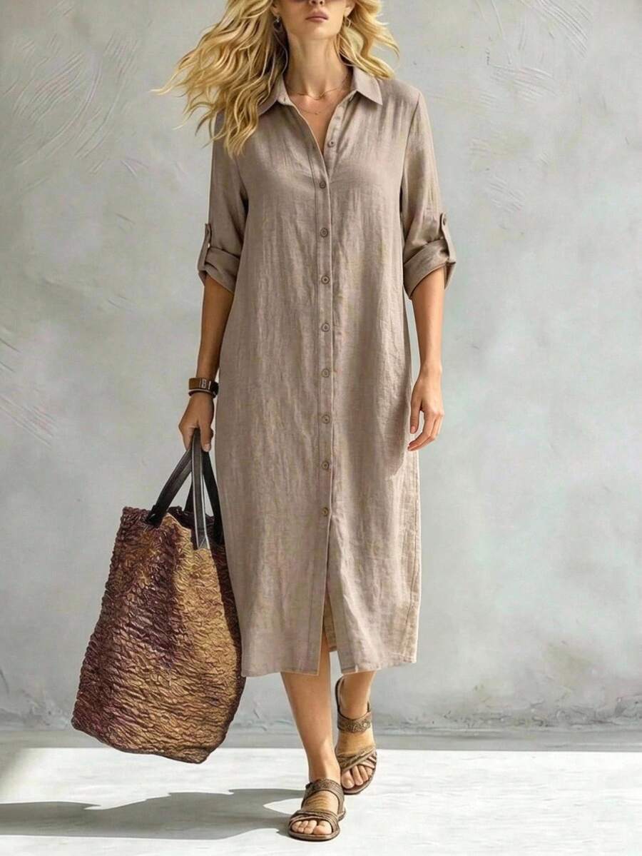 Vestido Saída de Praia Chemise Midi com Botões e Manga Dobrável - La Lecce