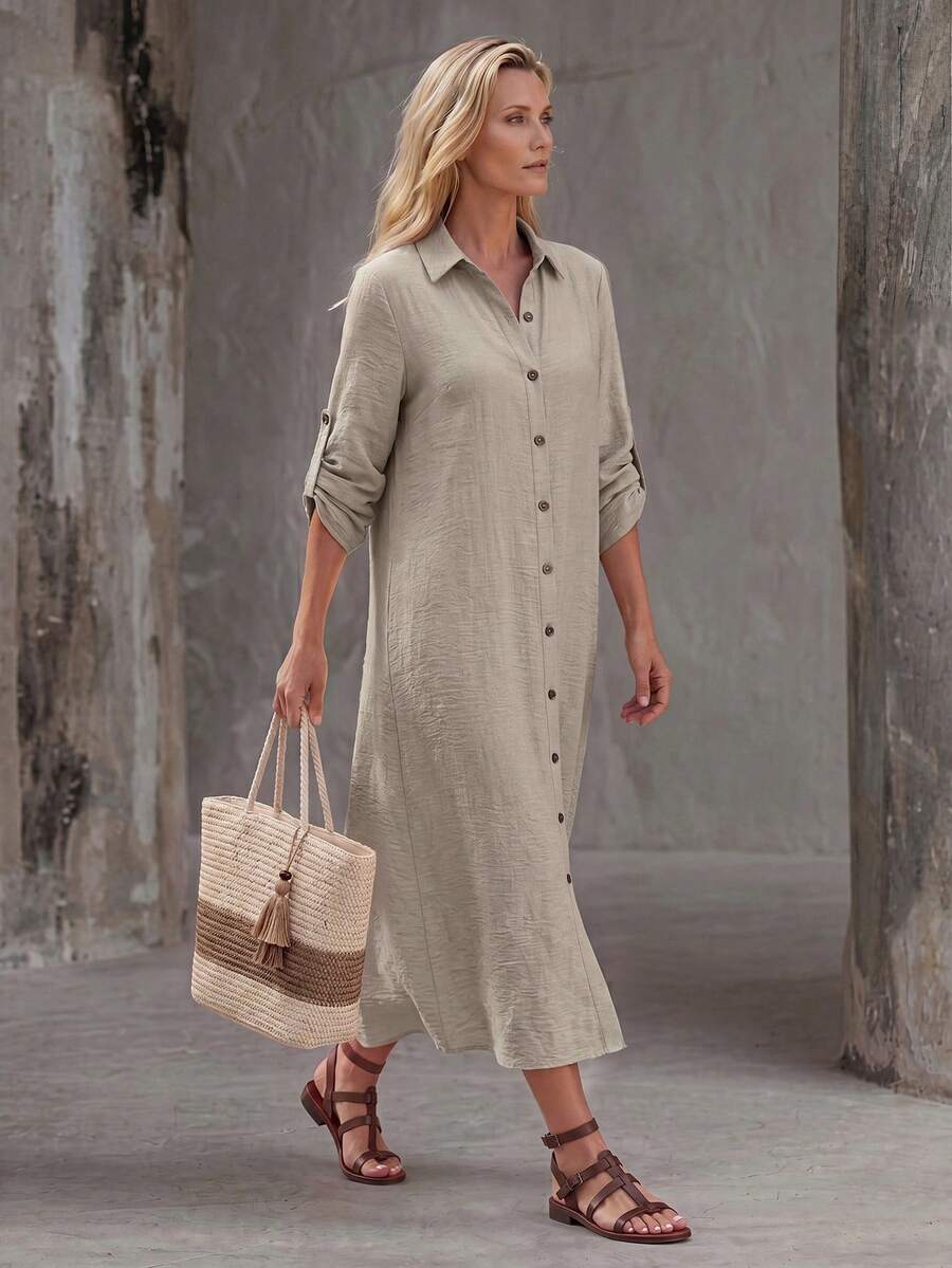 Vestido Saída de Praia Chemise Midi com Botões e Manga Dobrável - La Lecce