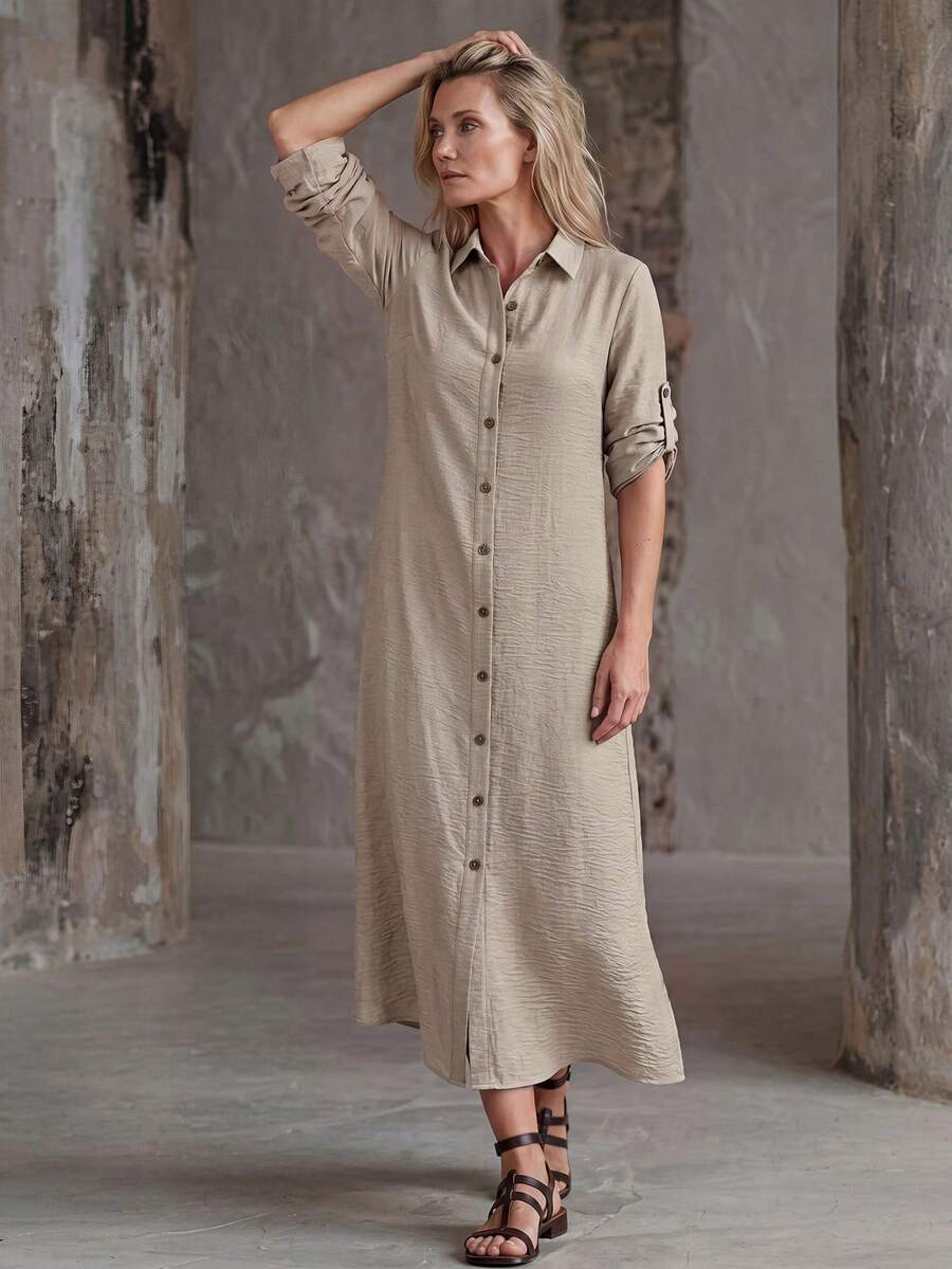 Vestido Saída de Praia Chemise Midi com Botões e Manga Dobrável - La Lecce