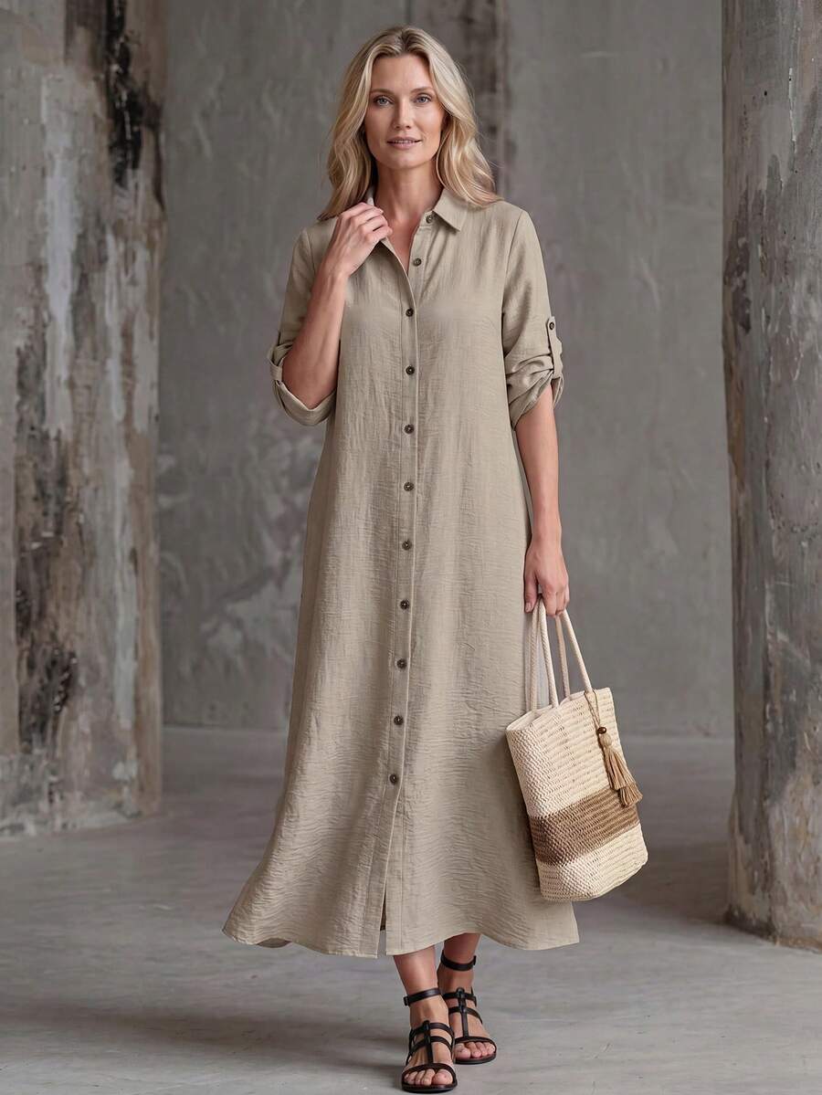 Vestido Saída de Praia Chemise Midi com Botões e Manga Dobrável - La Lecce