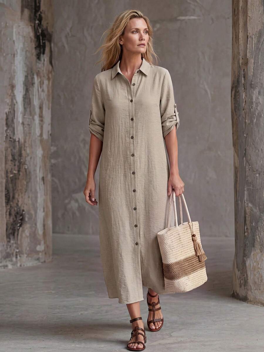 Vestido Saída de Praia Chemise Midi com Botões e Manga Dobrável - La Lecce
