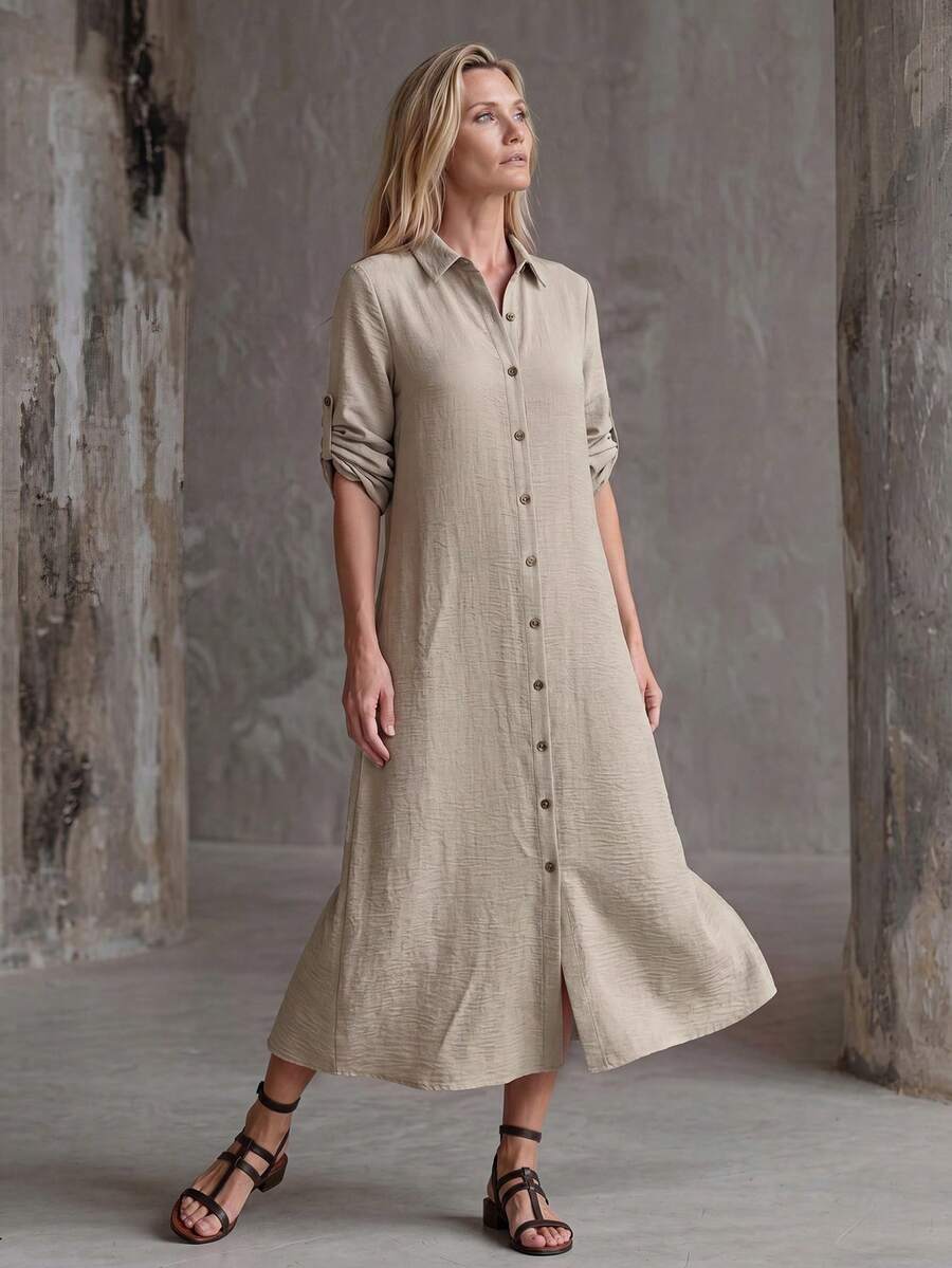 Vestido Saída de Praia Chemise Midi com Botões e Manga Dobrável - La Lecce