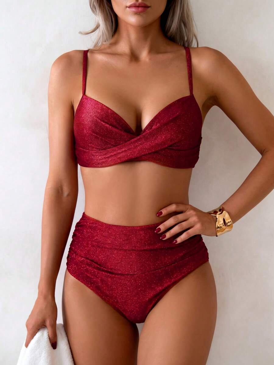 Conjunto de Biquíni Torcido com Cintura Alta Franzida