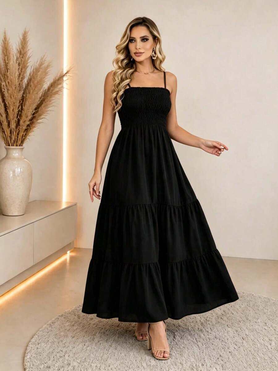 Vestido Longo Boho de Alças com Franzido em Camadas - La Lecce