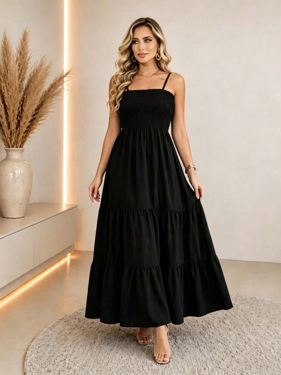Vestido Longo Boho de Alças com Franzido em Camadas - La Lecce