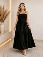 Vestido Longo Boho de Alças com Franzido em Camadas - La Lecce