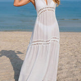 Vestido Saída de Praia Longo Halter em Crochê Vazado