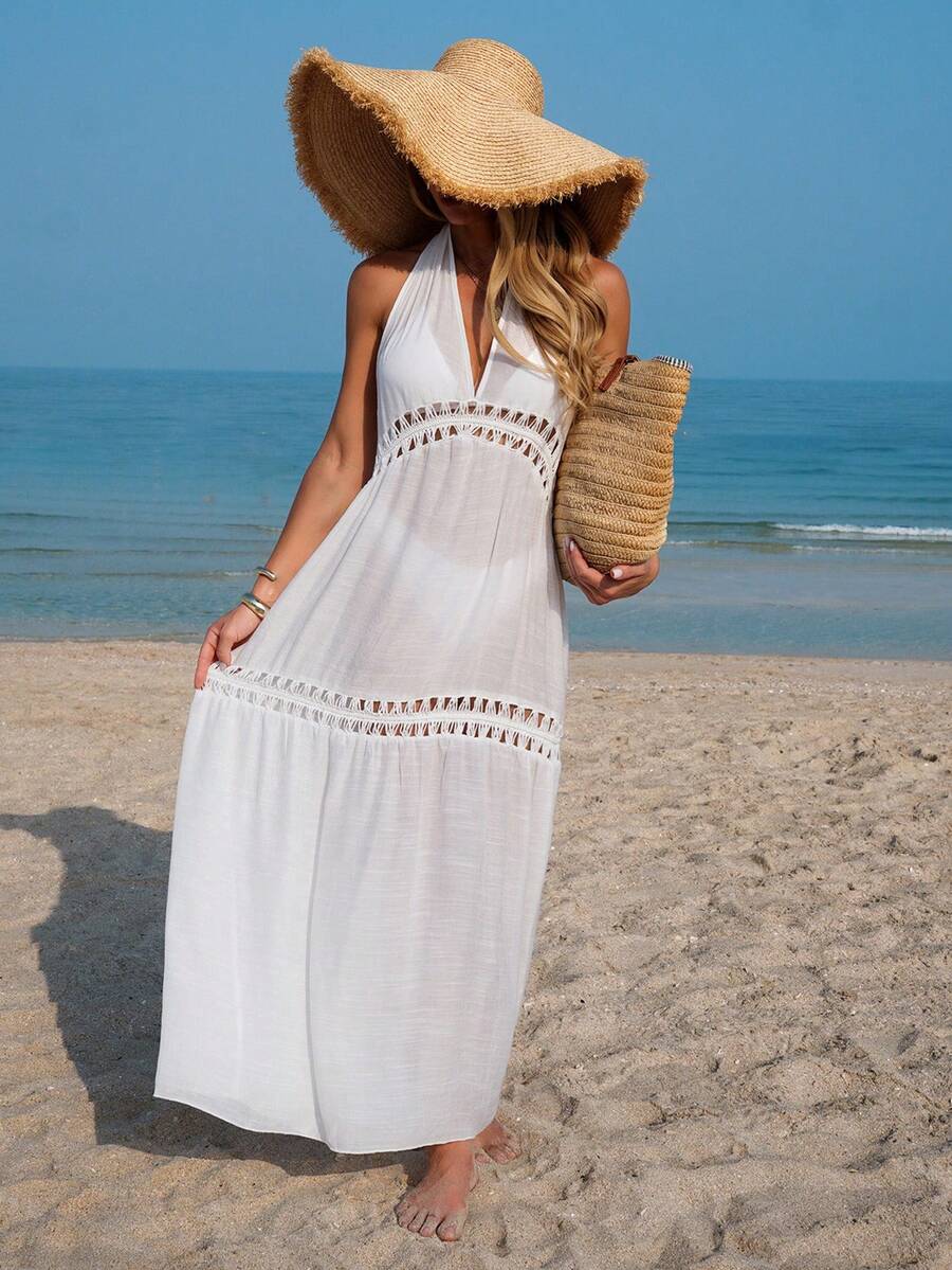 Vestido Saída de Praia Longo Halter em Crochê Vazado - La Lecce