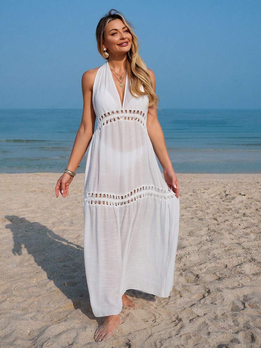 Vestido Saída de Praia Longo Halter em Crochê Vazado - La Lecce