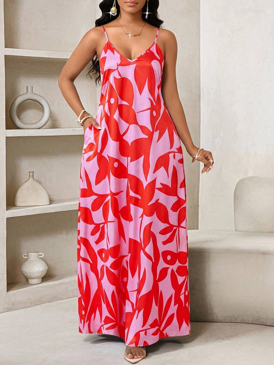 Vestido Maxi de Alças com Estampa Geométrica e Bolsos
