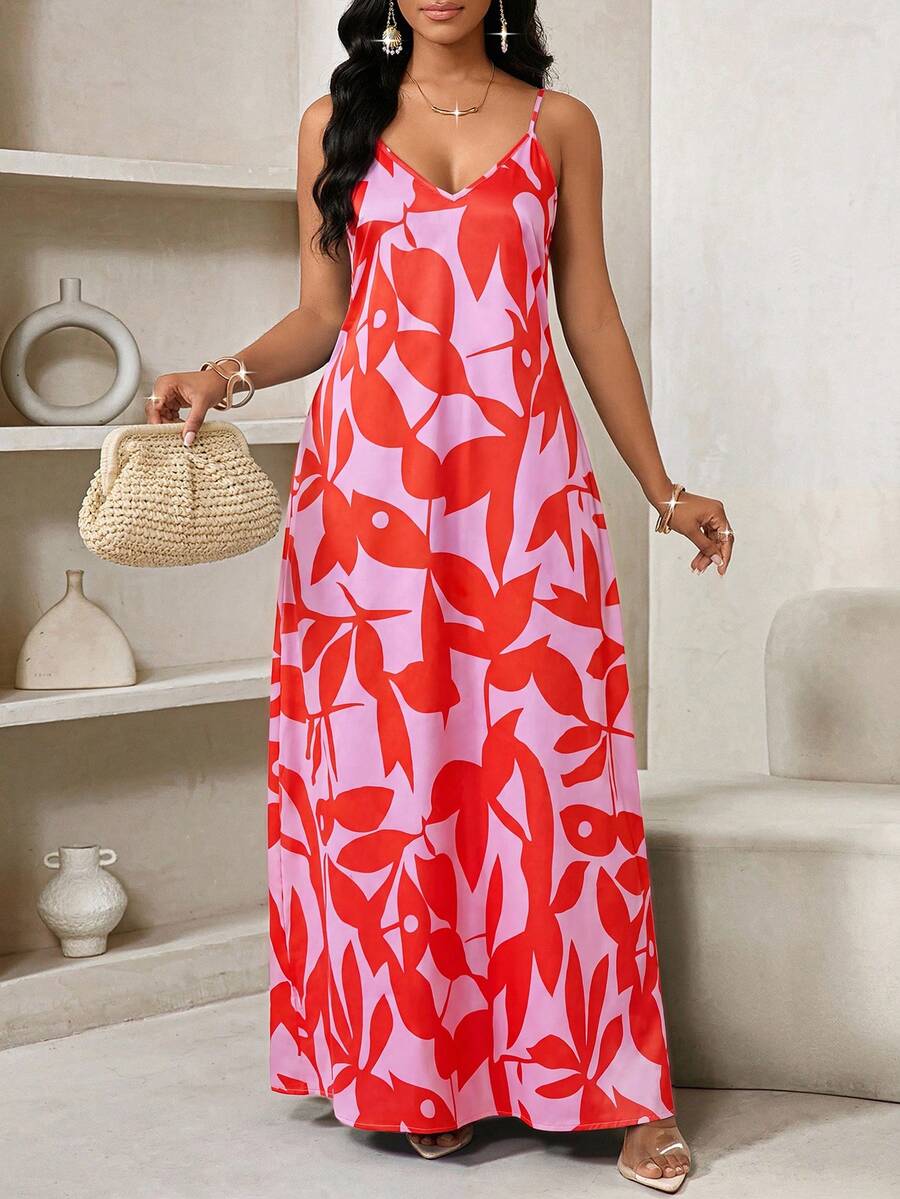 Vestido Maxi de Alças com Estampa Geométrica e Bolsos