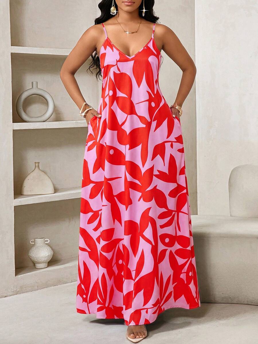 Vestido Maxi de Alças com Estampa Geométrica e Bolsos