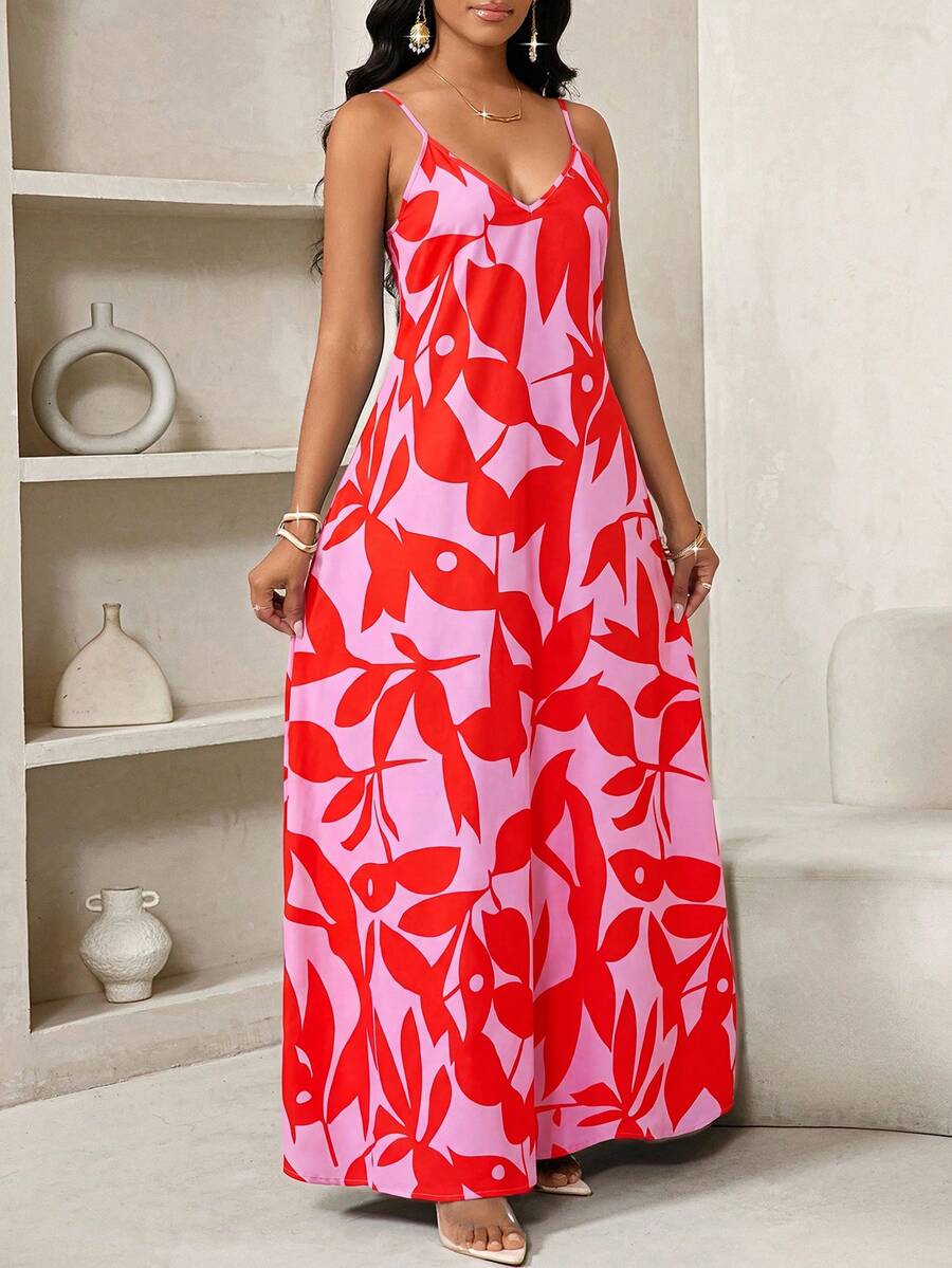Vestido Maxi de Alças com Estampa Geométrica e Bolsos