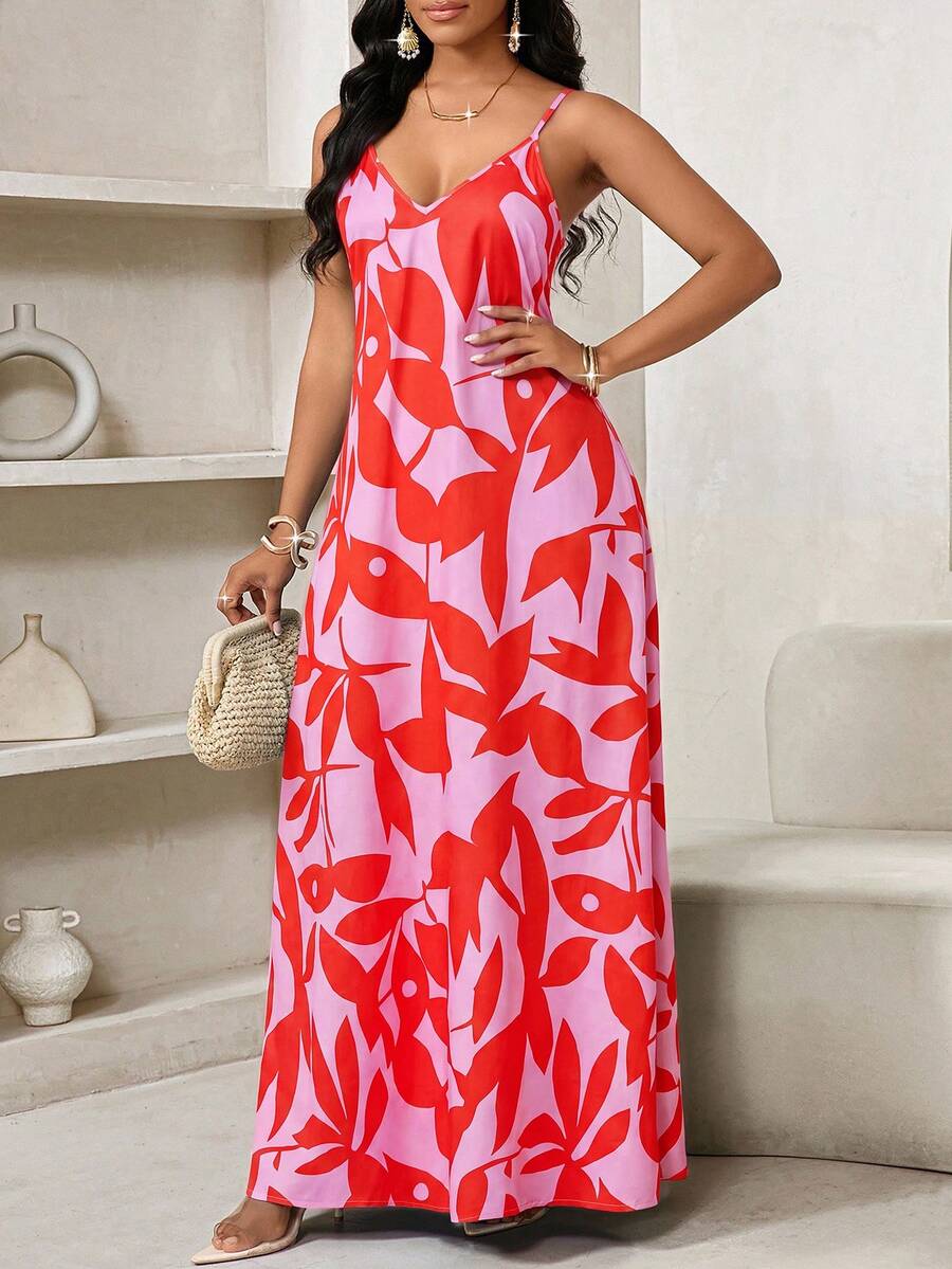 Vestido Maxi de Alças com Estampa Geométrica e Bolsos