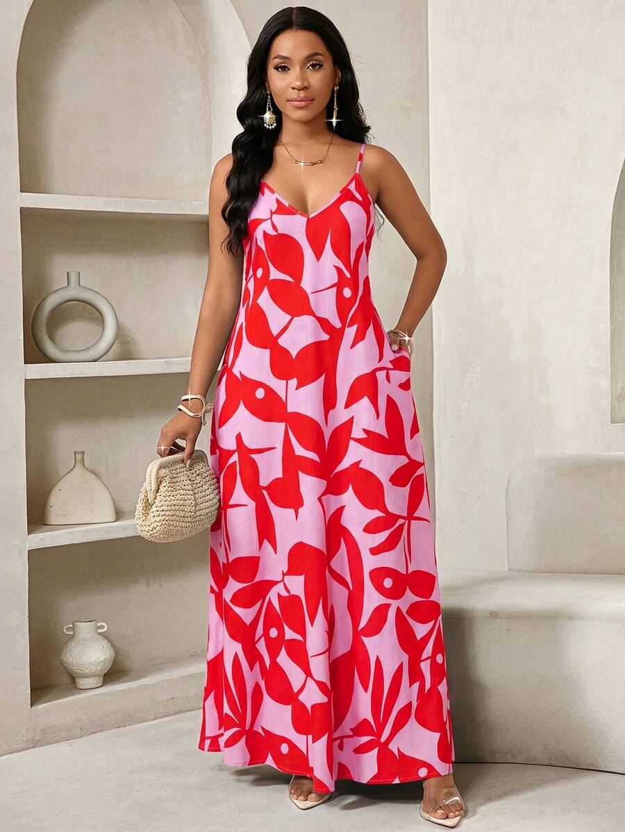 Vestido Maxi de Alças com Estampa Geométrica e Bolsos