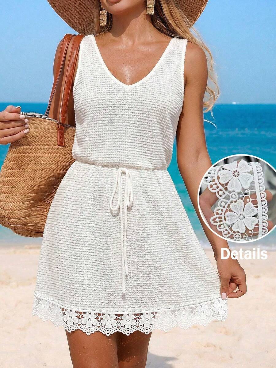 Vestido Saída de Praia Longo com Decote V e Laço Contrastante - La Lecce