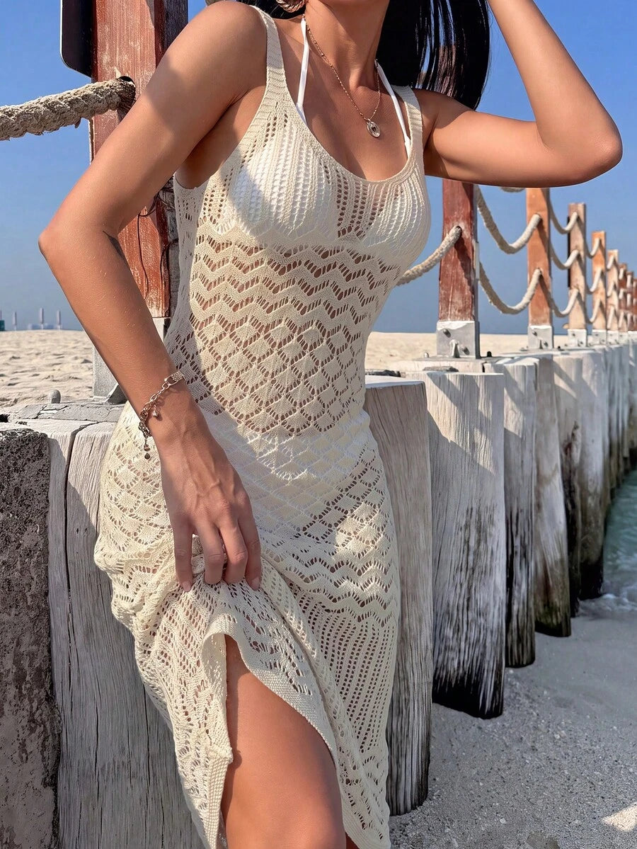 Vestido Saída de Praia Longo Transpassado em Tricô Vazado - La Lecce