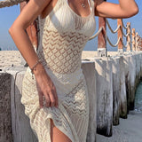 Vestido Saída de Praia Longo Transpassado em Tricô Vazado
