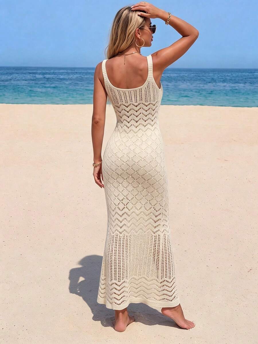 Vestido Saída de Praia Longo Transpassado em Tricô Vazado - La Lecce
