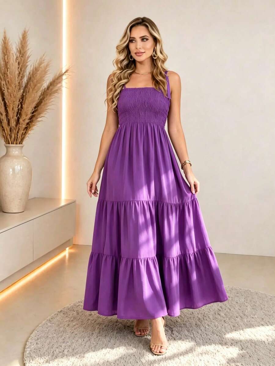 Vestido Longo Boho de Alças com Franzido em Camadas - La Lecce