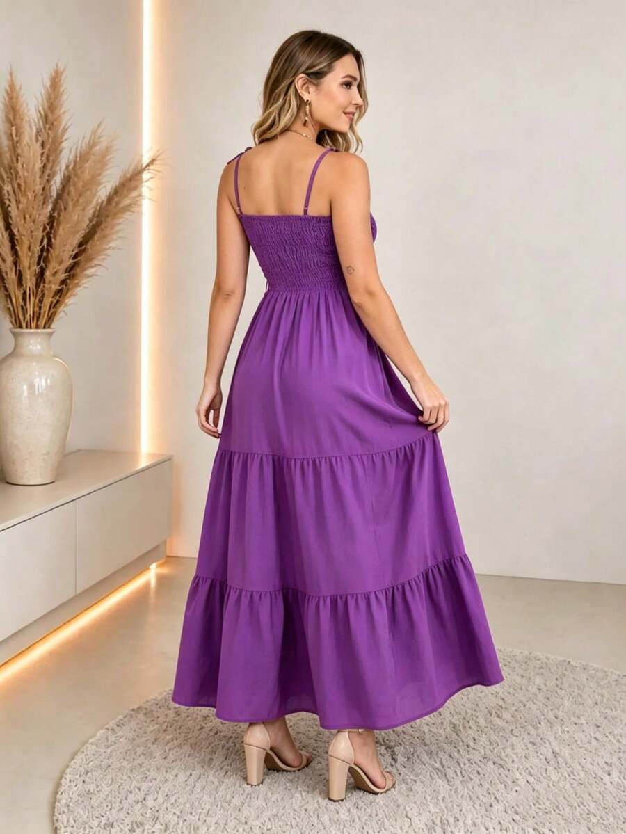 Vestido Longo Boho de Alças com Franzido em Camadas - La Lecce