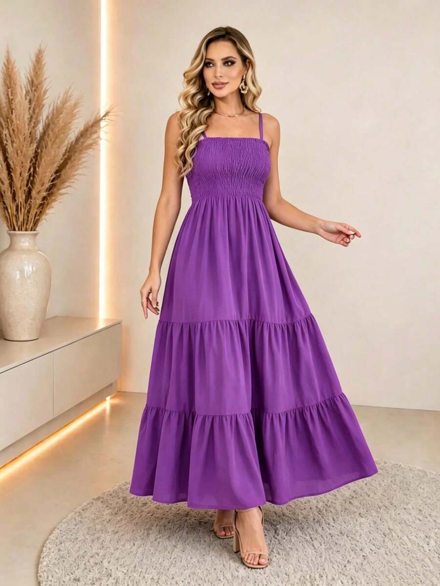Vestido Longo Boho de Alças com Franzido em Camadas - La Lecce