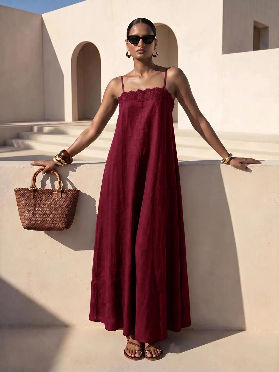 Vestido Longo Solto de Alças Finas com Babado - La Lecce